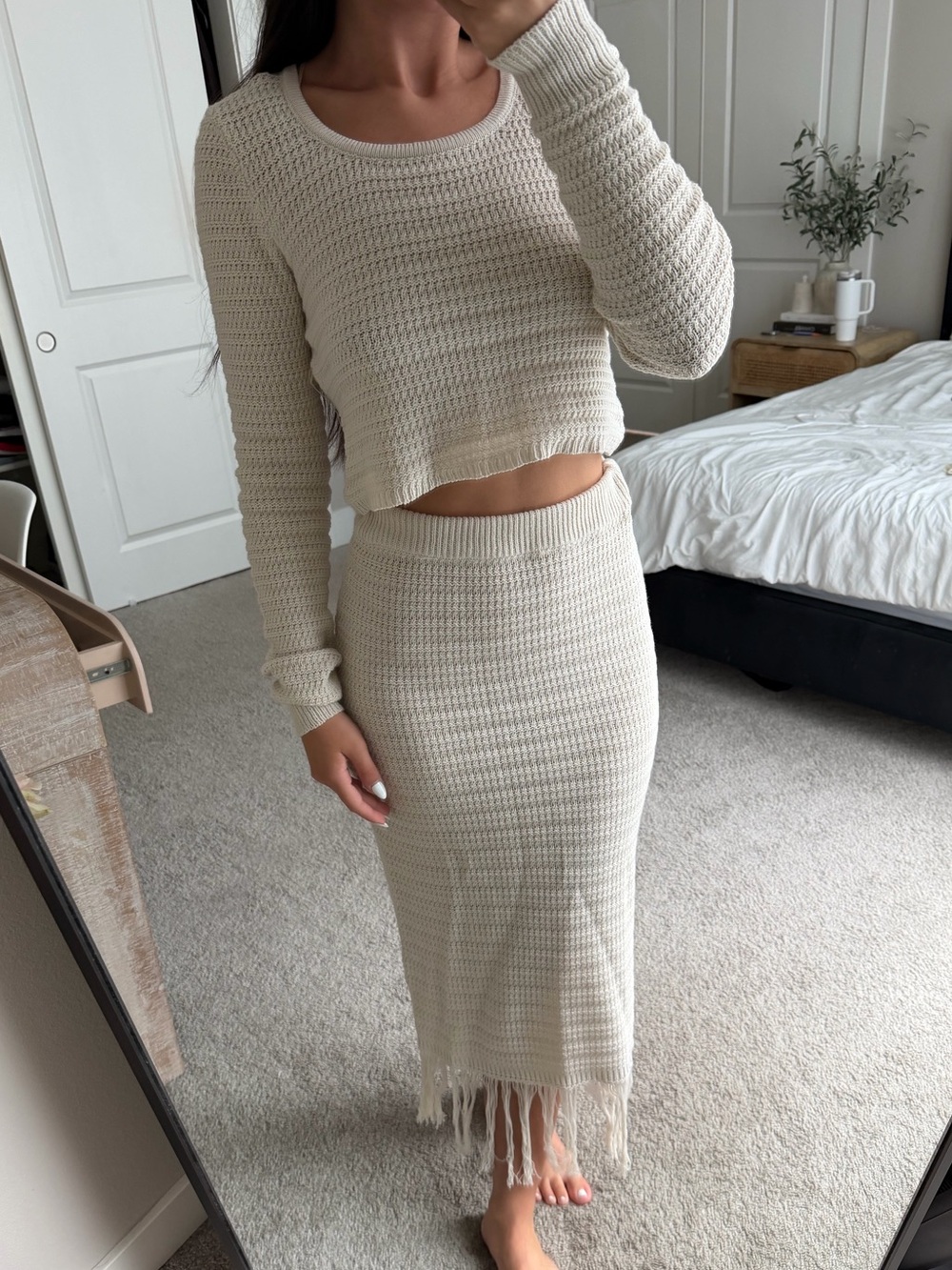 Fringe-Hem Cream Crochet Maxi Skirt and top size small
